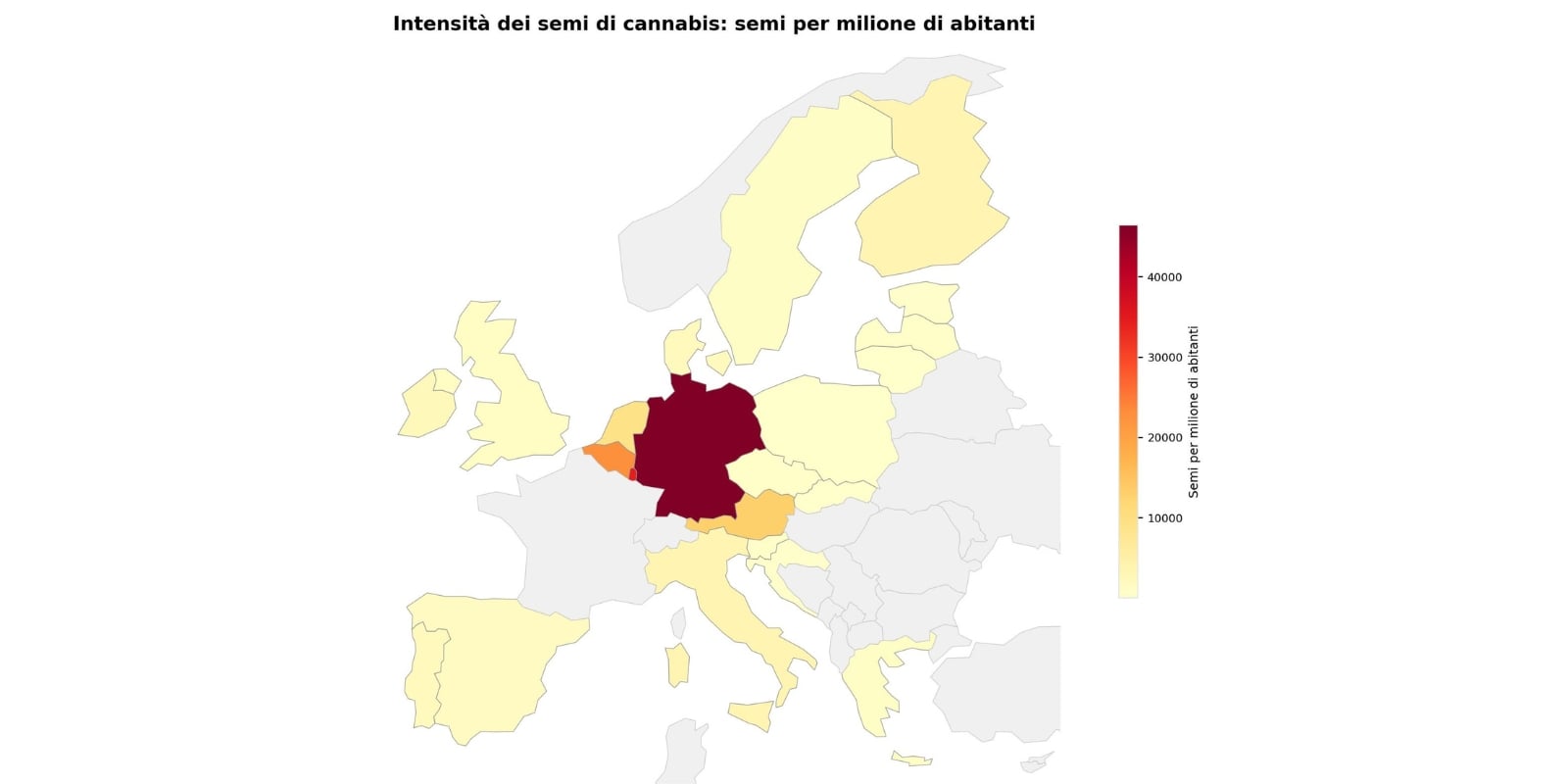 Figura 1: Acquisti di semi di cannabis pro capite in Europa. 