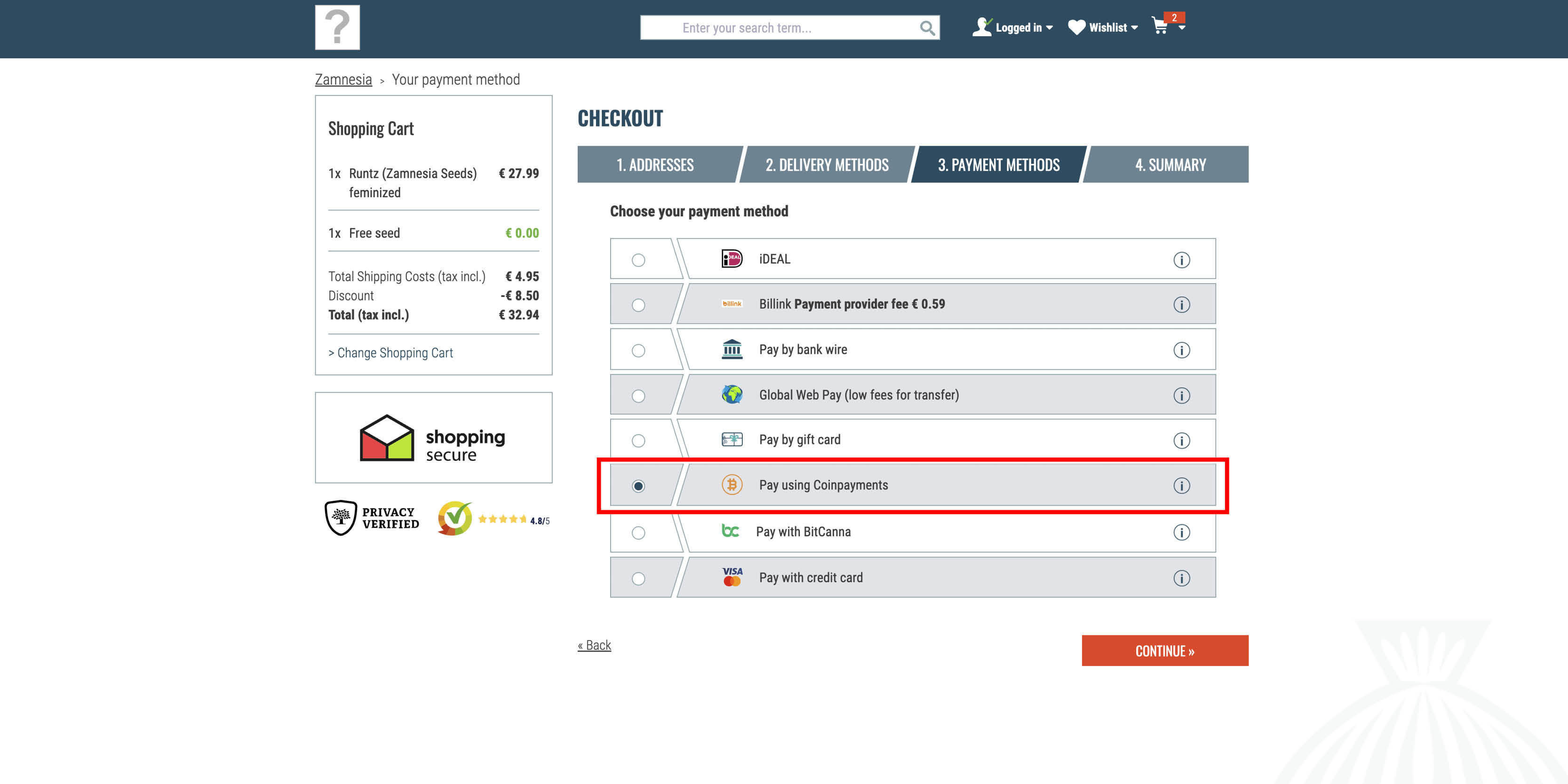 Selezionate "Bitcoin" Per Procedere Con Un Pagamento In Bitcoin