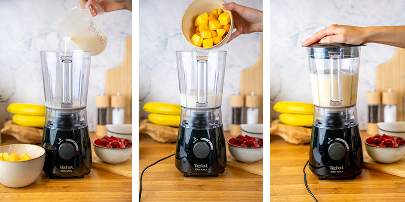 Metti il latte e la frutta nel frullatore e frulla fino a quando non sono amalgamati.